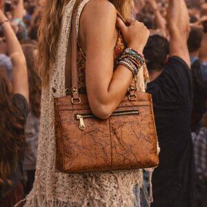 Patricia Nash Brown Poppy Tote Signature European Map Print Leather Shoulder Bag